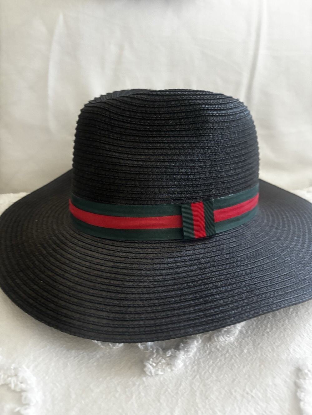 Black Sunhat With Wide Brim And Green And Red Accent Band. Dressy Or Casual.